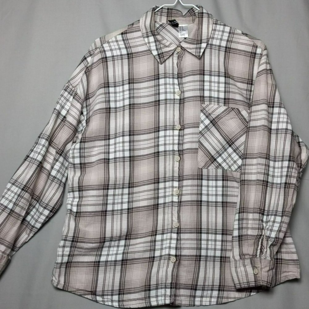 H&M Divided Plaid Long Sleeve 100% Soft Cotton Button Up Beige Brown Collar XS‎
